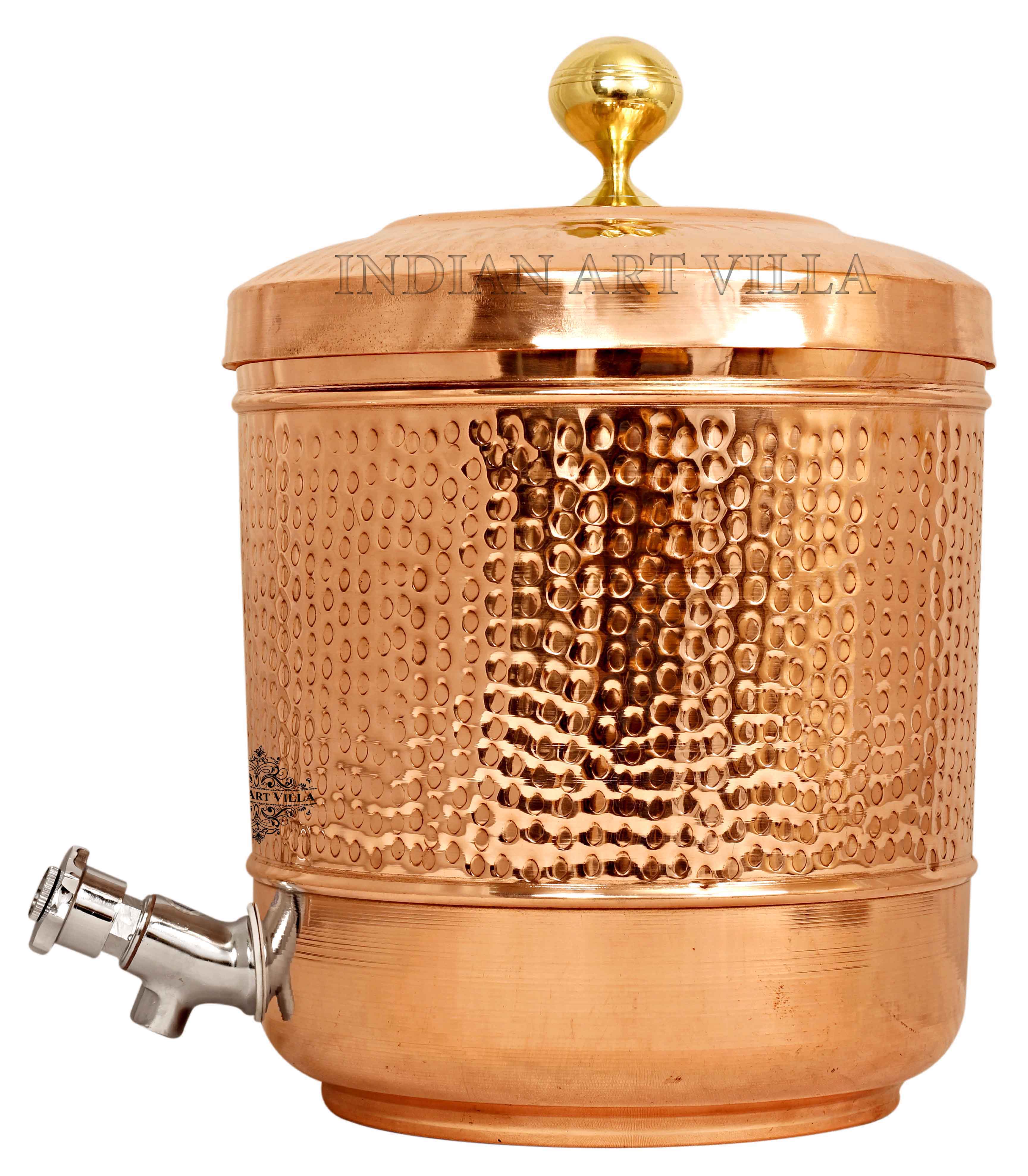 Handmade Pure Copper Hammered Water Dispenser Pot with Brass Knob