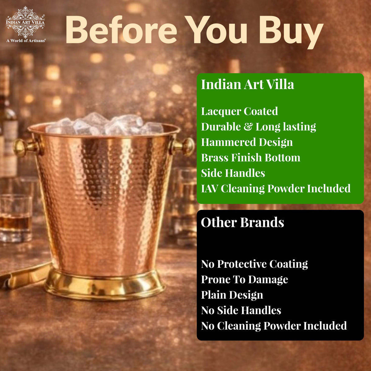 Copper Ice Bucket with Brass bottoom & Hammered Design 3500 ML