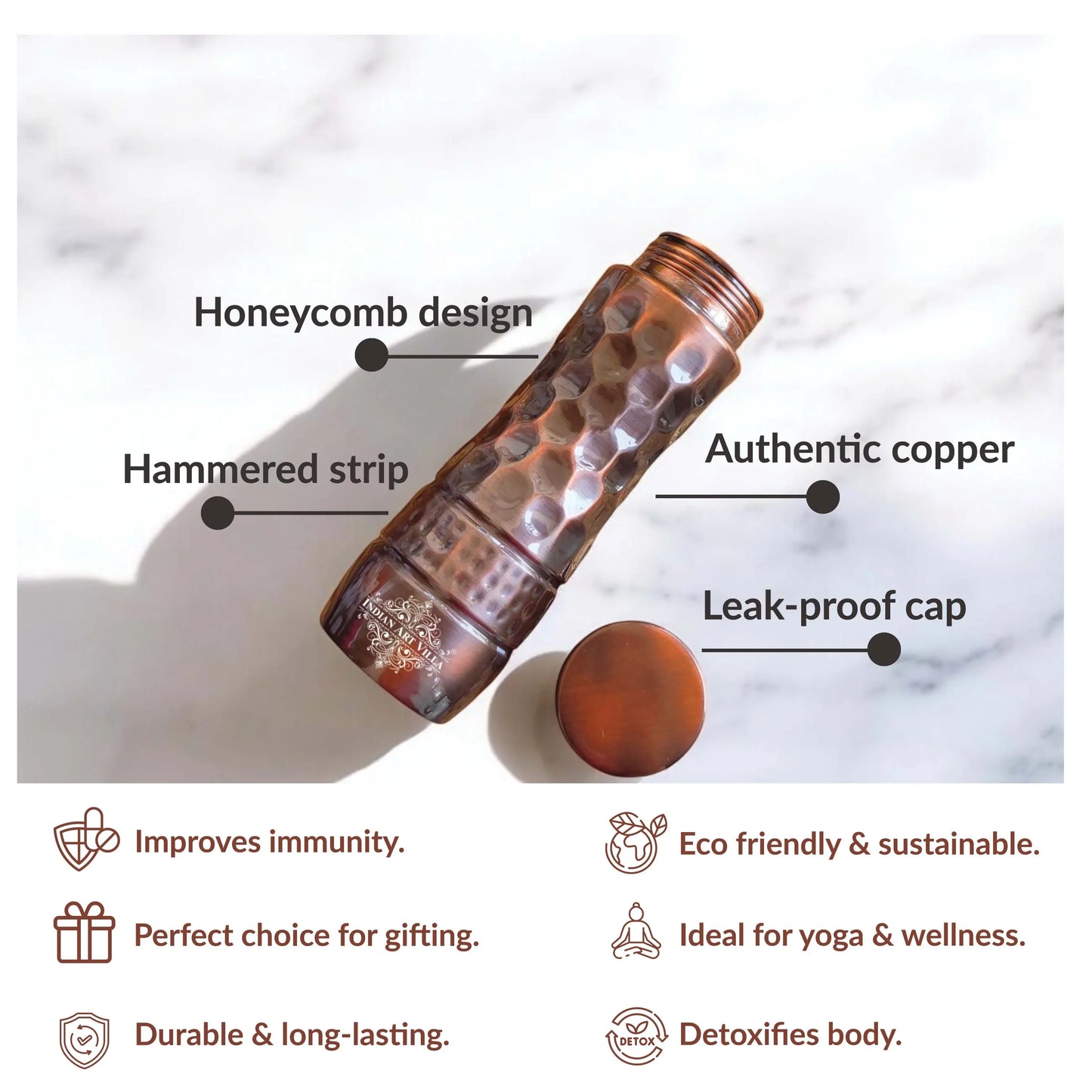 Pure Copper Water Bottle with Honeycomb Design