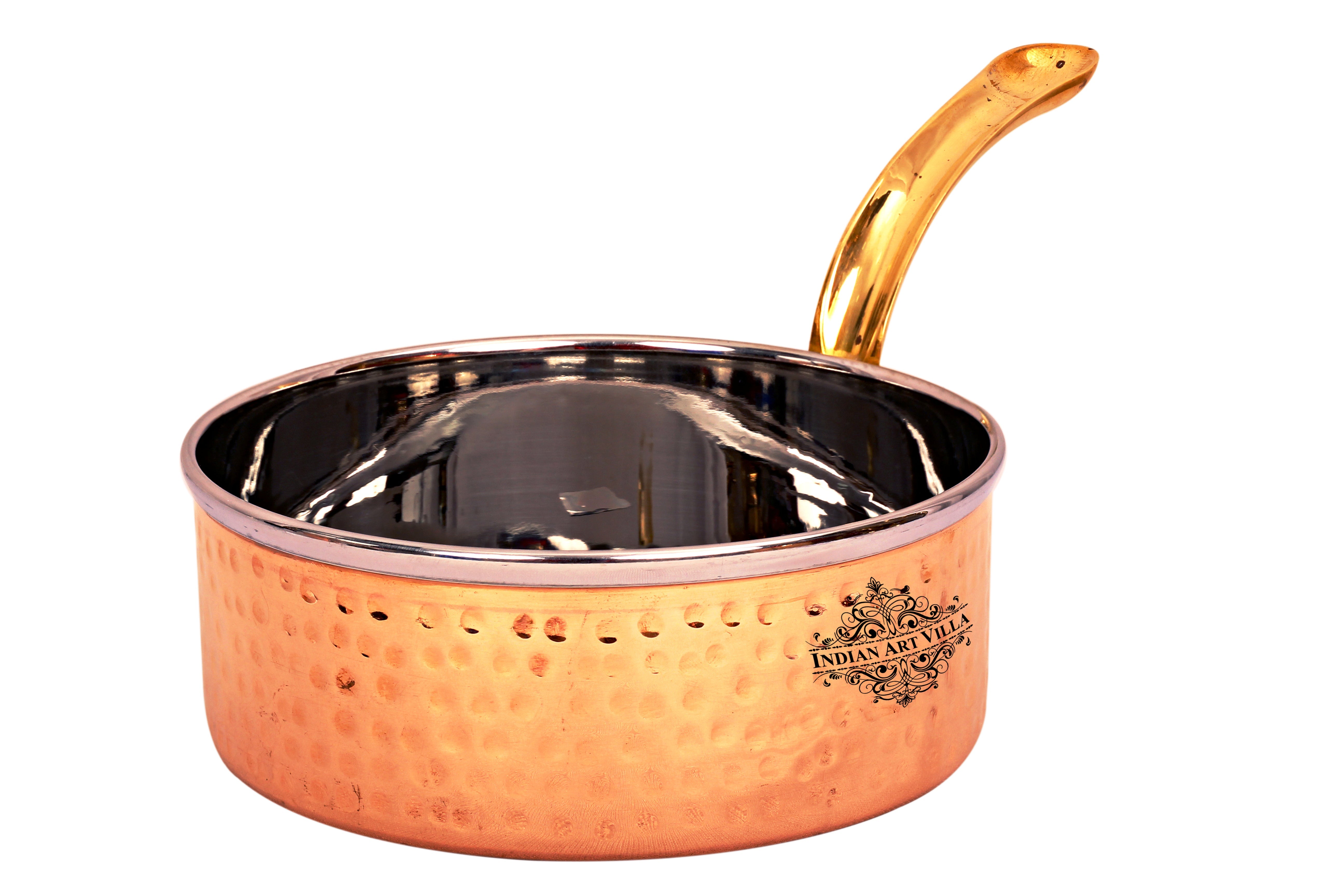Pure Steel Copper Hammered Design Serving Sauce Pan with Brass Handle