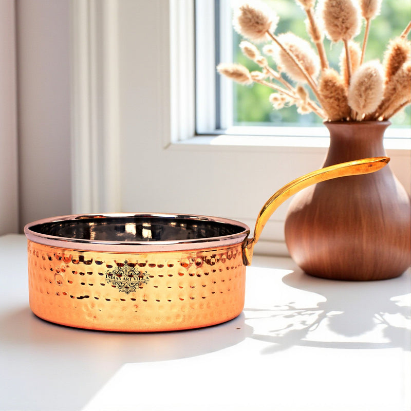 Pure Steel Copper Hammered Design Serving Sauce Pan with Brass Handle