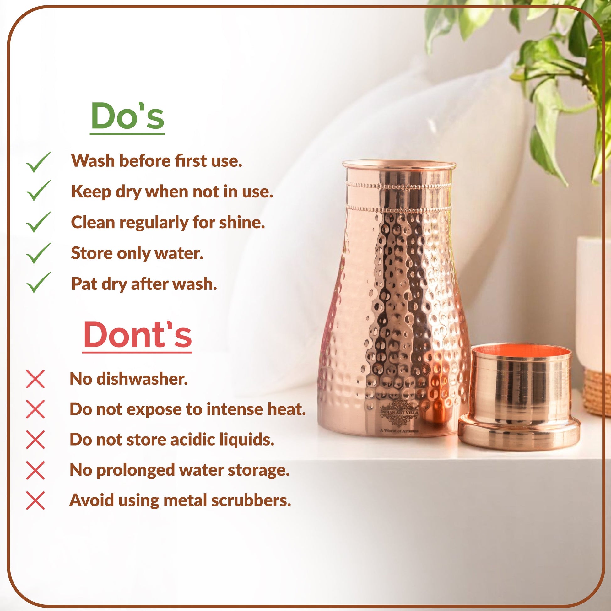Pure Copper Bedroom Water Bottle with Inbuilt Glass