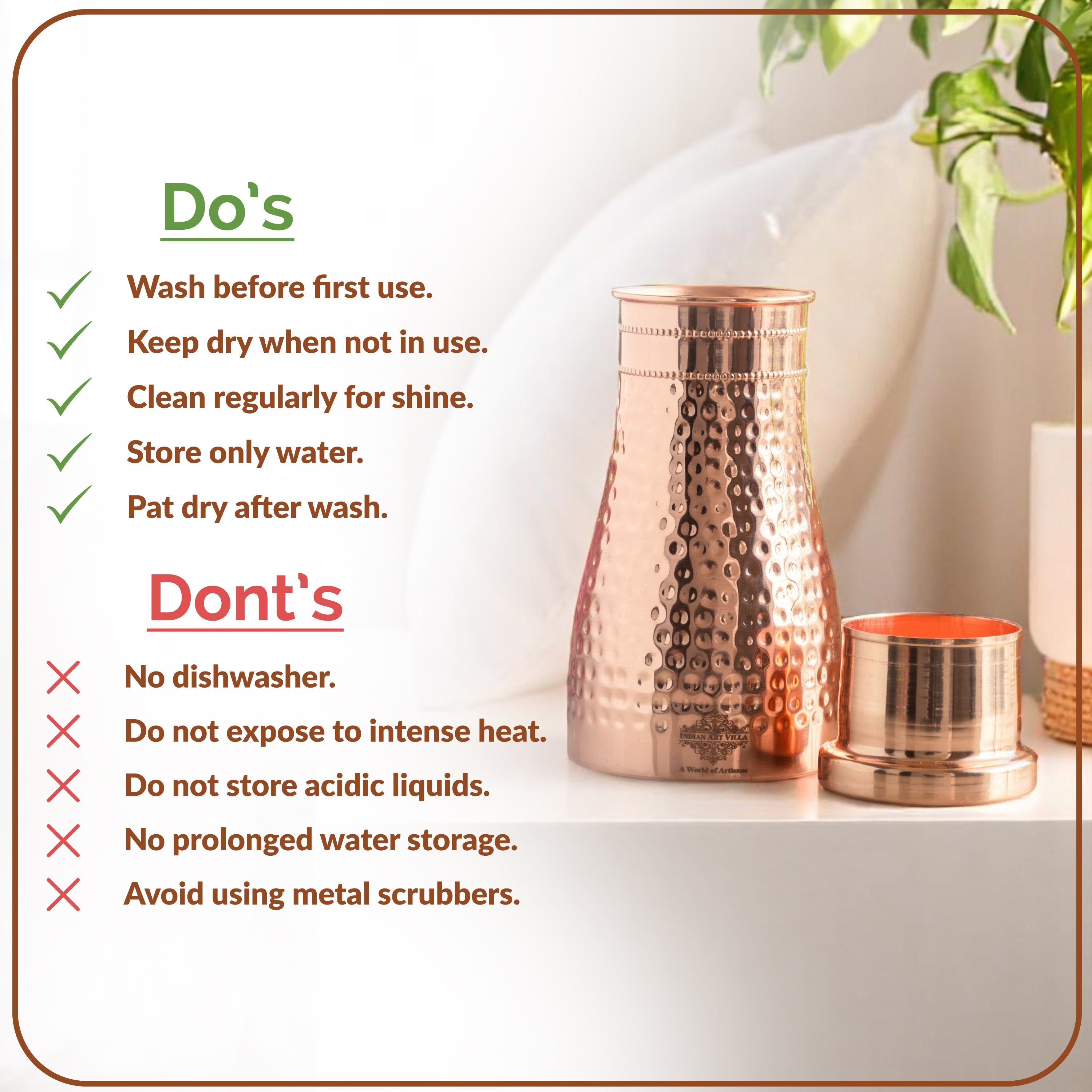 Pure Copper Bedroom Water Bottle with Inbuilt Glass