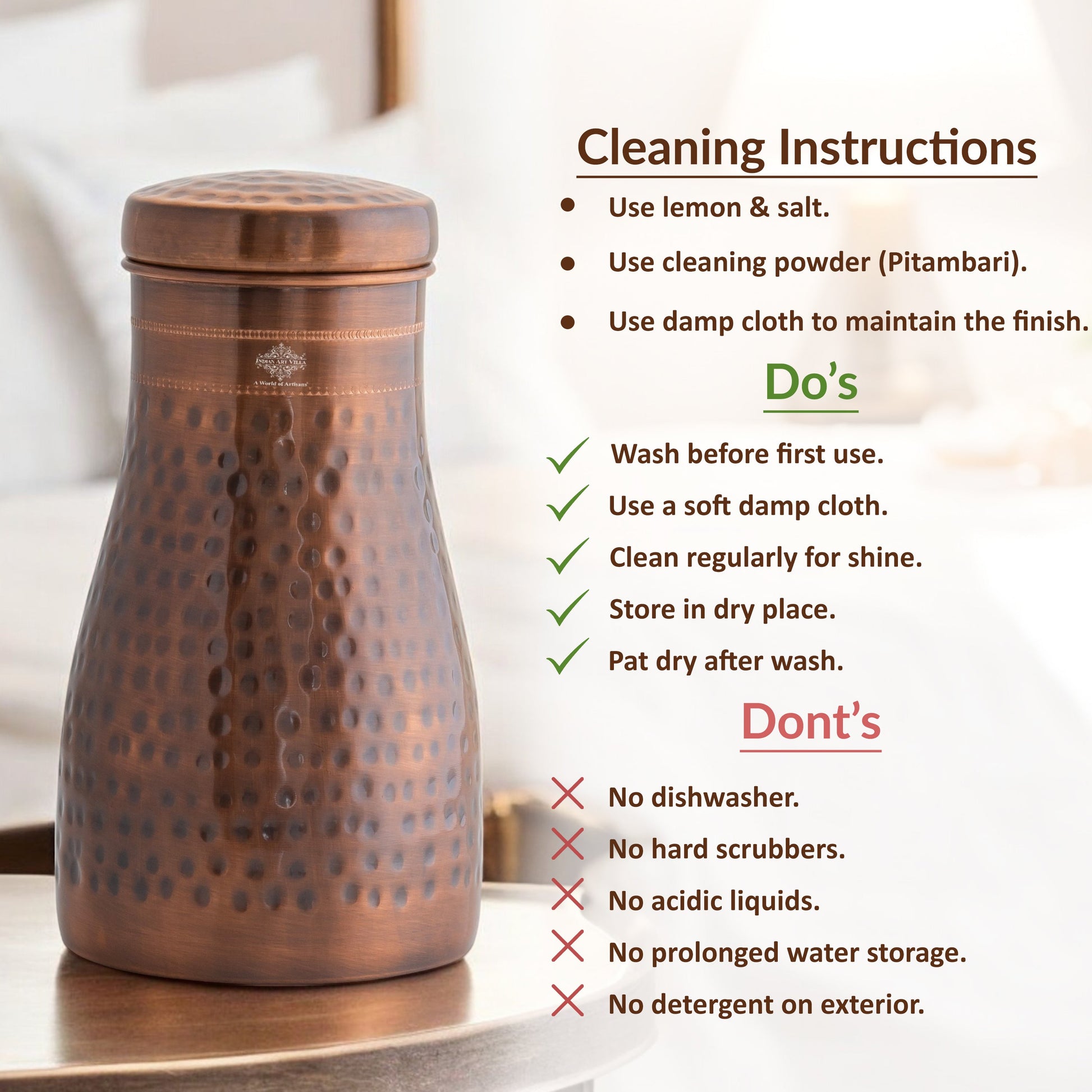 Pure Copper Bedroom Water Bottle with Inbuilt Glass