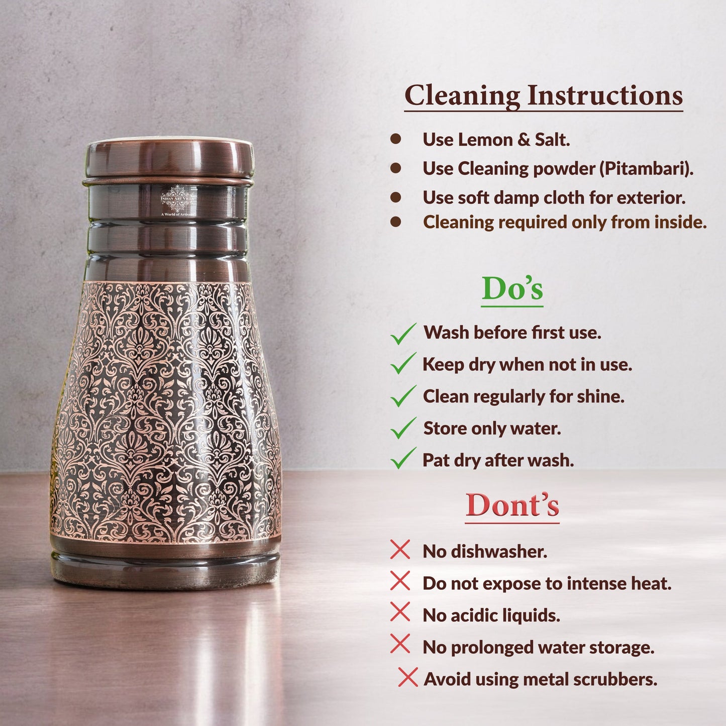 Pure Copper Embossed Bedroom Bottle With Inbuilt Glass