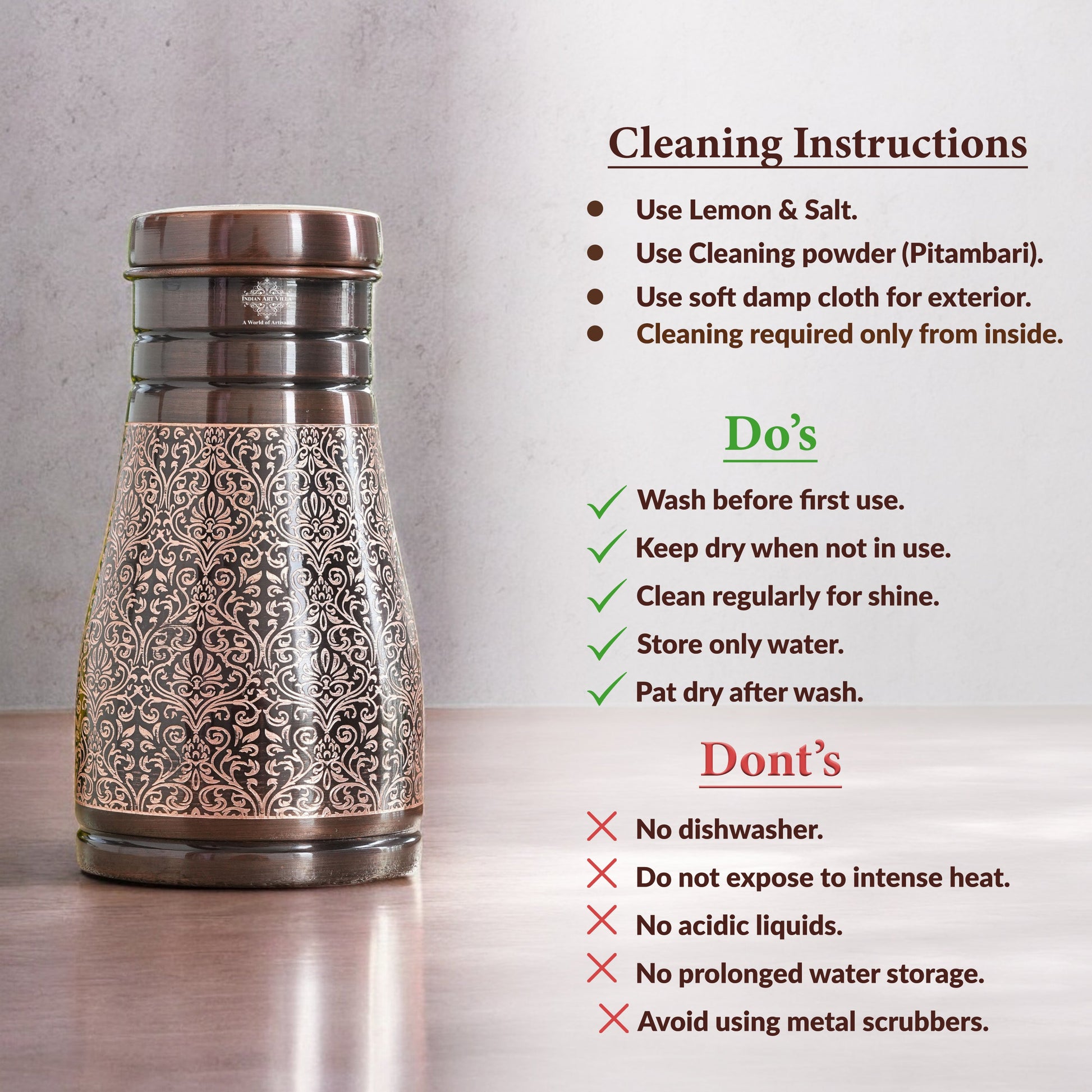 Pure Copper Embossed Bedroom Bottle With Inbuilt Glass