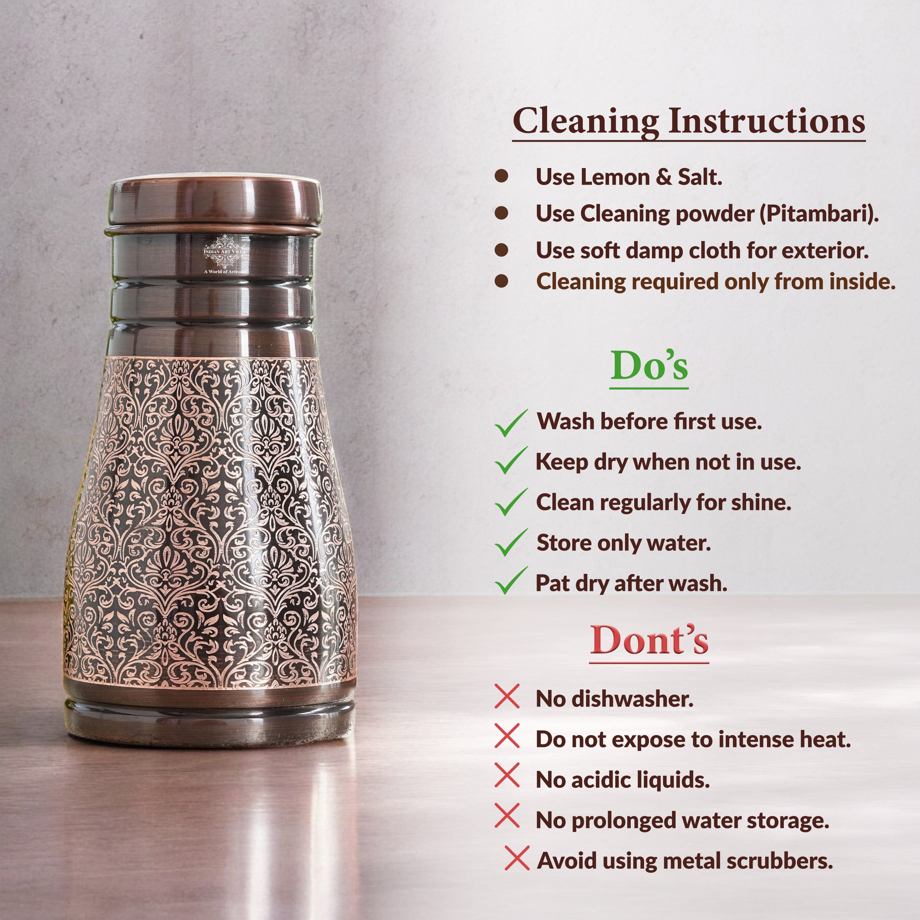 Pure Copper Embossed Bedroom Bottle With Inbuilt Glass