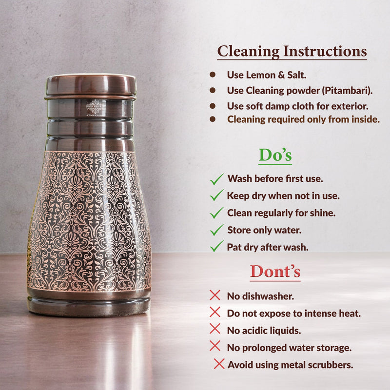 Pure Copper Embossed Bedroom Bottle With Inbuilt Glass
