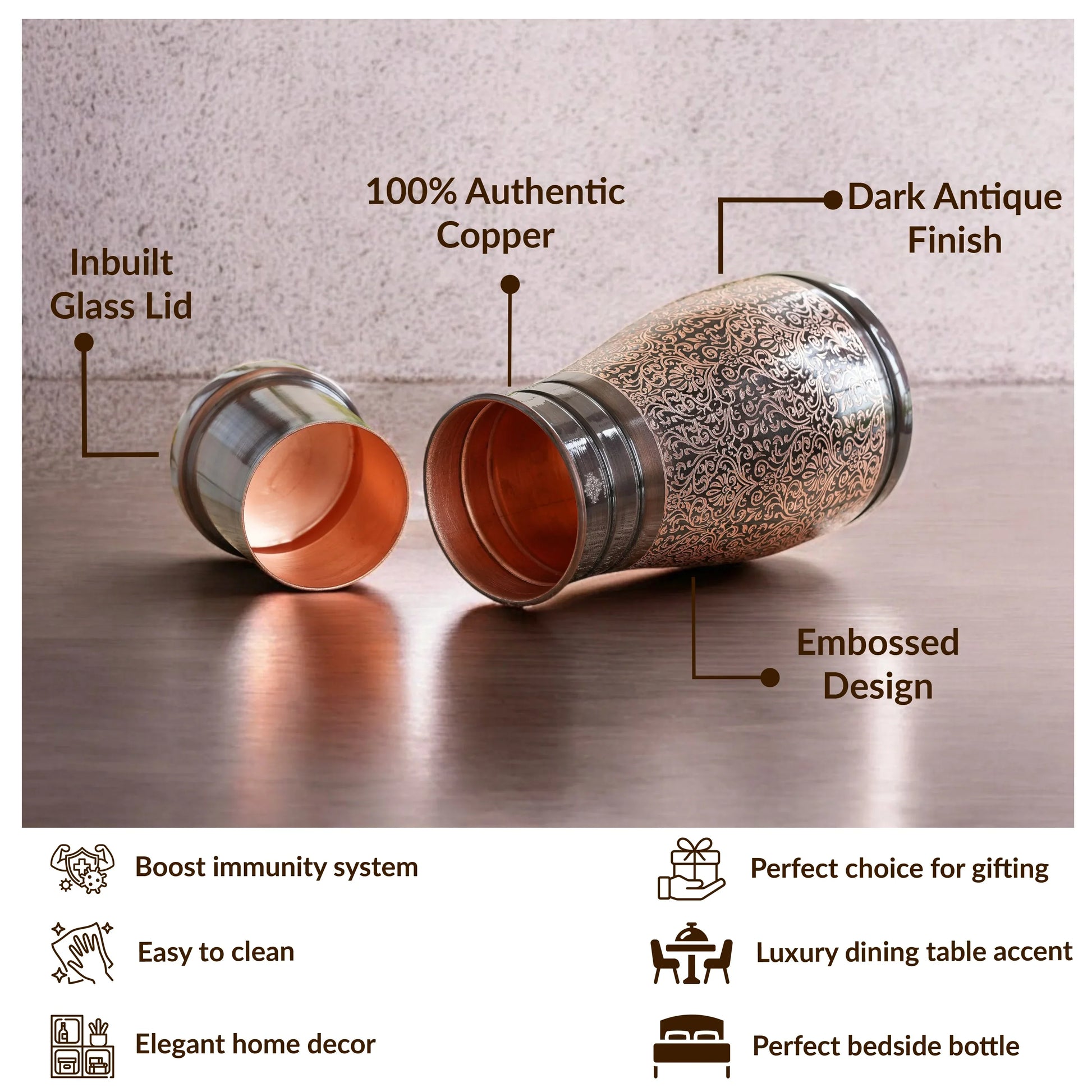 Pure Copper Embossed Bedroom Bottle With Inbuilt Glass