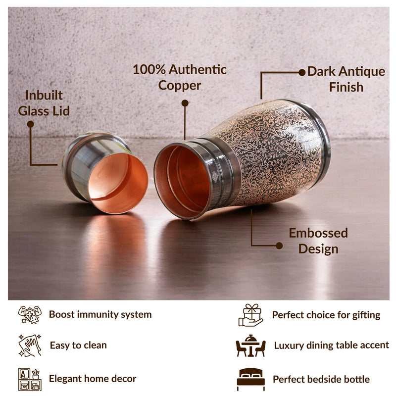 Pure Copper Embossed Bedroom Bottle With Inbuilt Glass