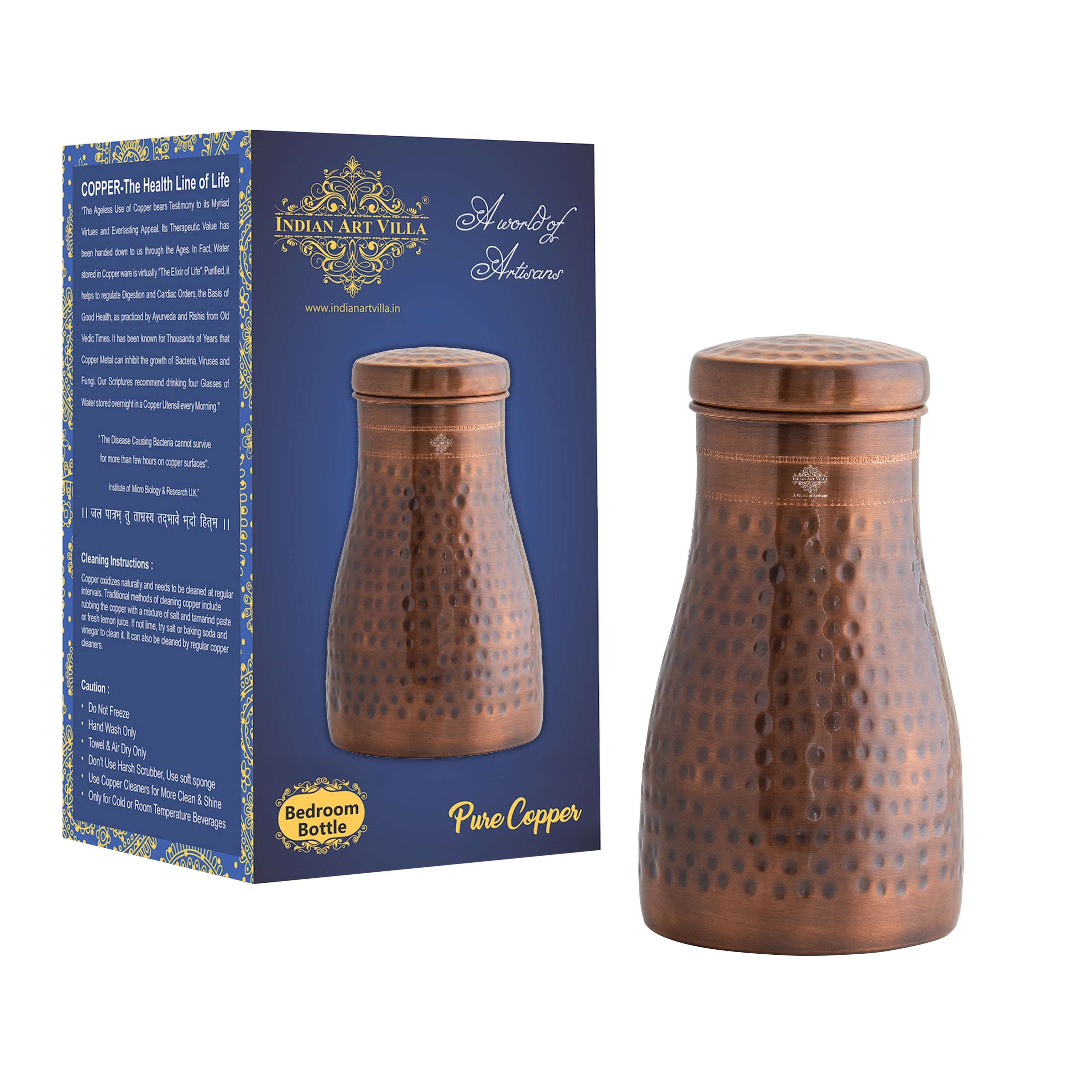 Pure Copper Bedroom Water Bottle with Inbuilt Glass