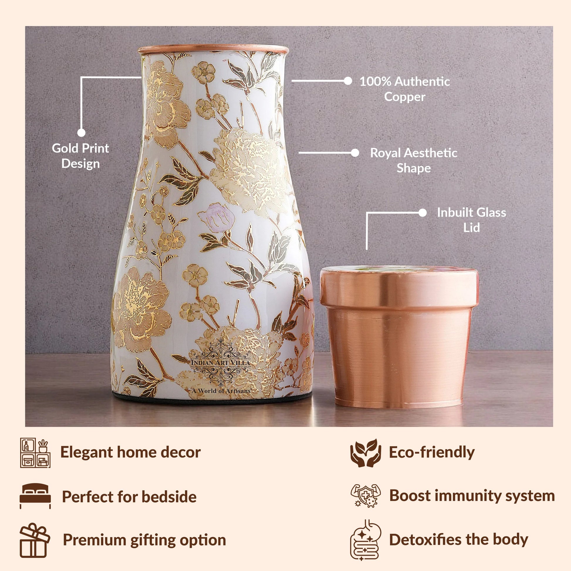 Pure Copper Gold Print Luxury Design Bedroom Bottle,  Home Décor, Marble Finish, 950 ml