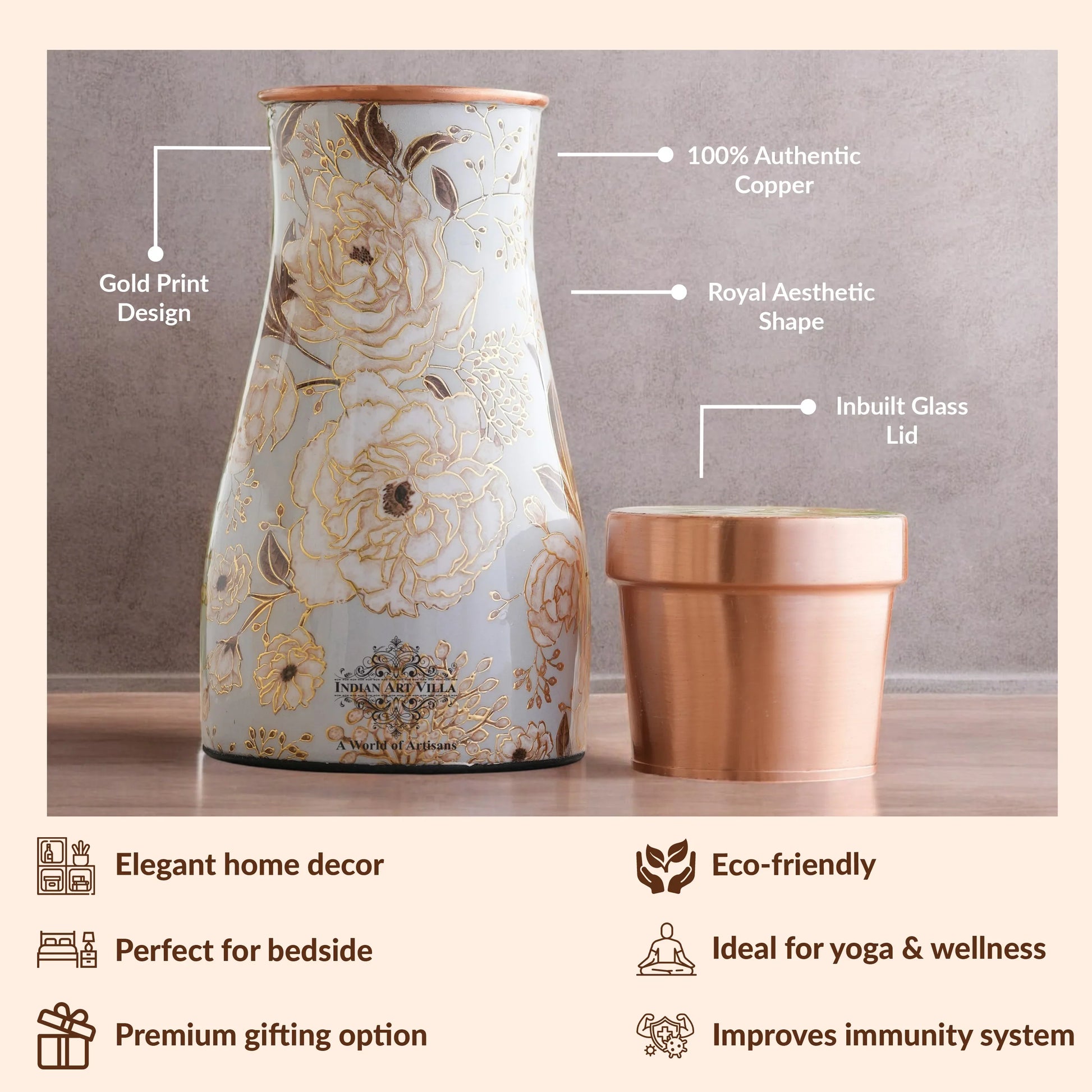 Pure Copper Gold Print Luxury Design Bedroom Bottle,  Home Décor, Marble Finish, 950 ml