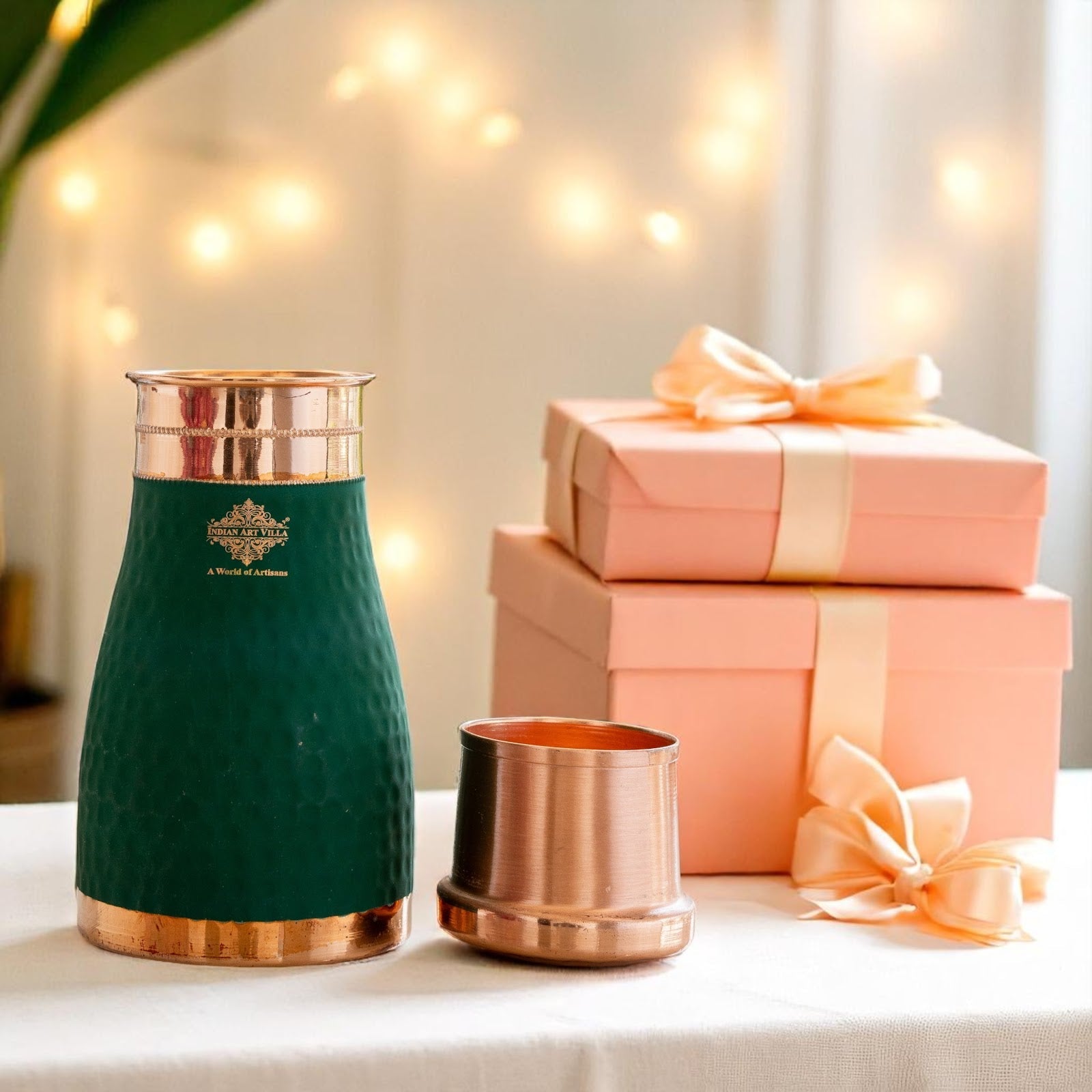 Pure Copper Hammered  Silk Finish Bedroom Bottle with Inbuilt Glass