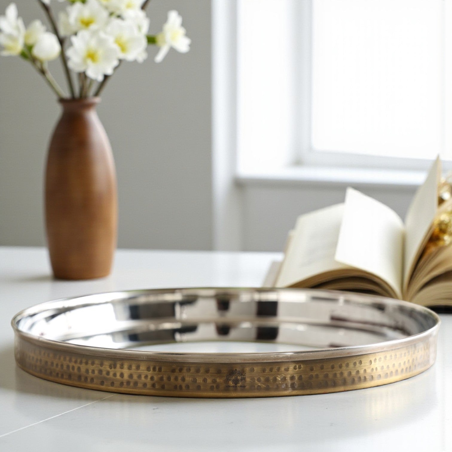 Pure Steel Brass Hammered Designer Plate, Thali, Serveware, Dinnerware, 34.04 cm