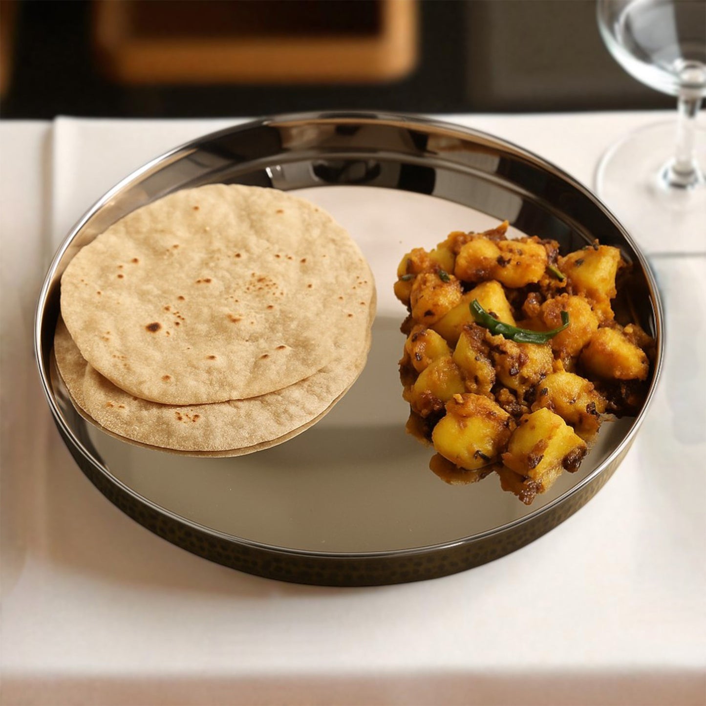 Pure Steel Brass Hammered Designer Plate, Thali, Serveware, Dinnerware, 34.04 cm