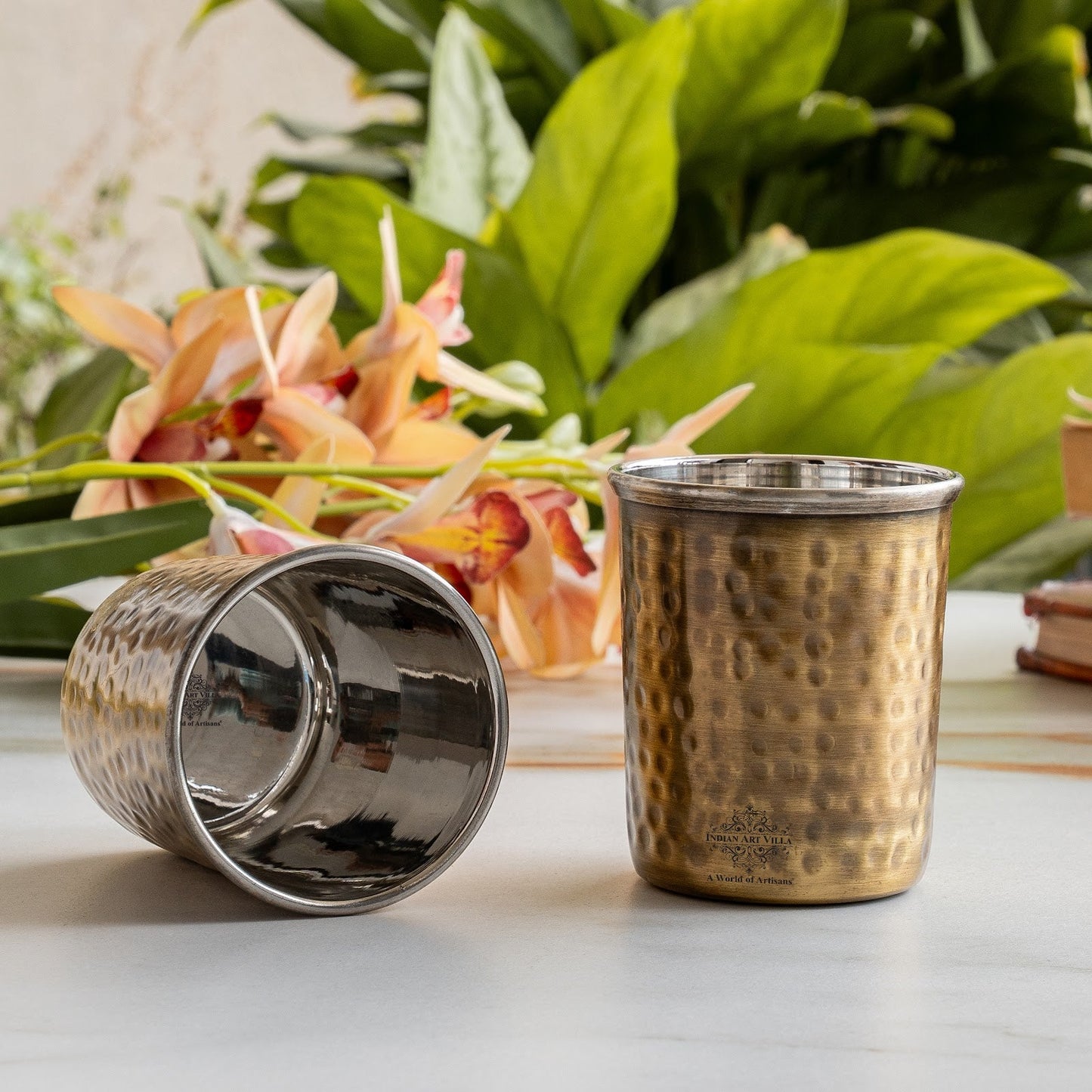 Pure Brass Steel Hammered & Dark Hammered Design Glass Tumbler