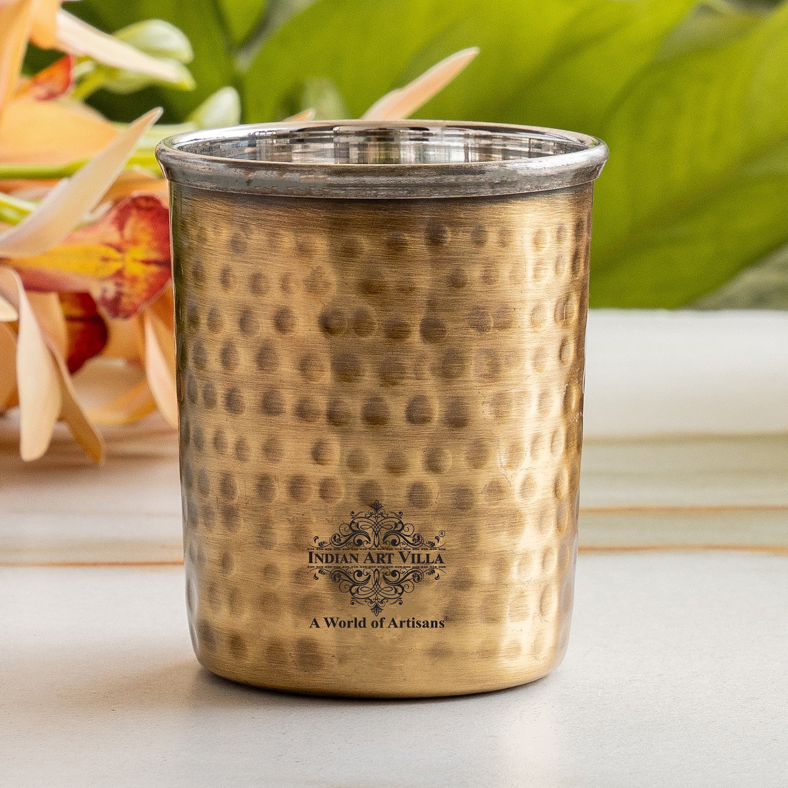 Pure Brass Steel Hammered & Dark Hammered Design Glass Tumbler