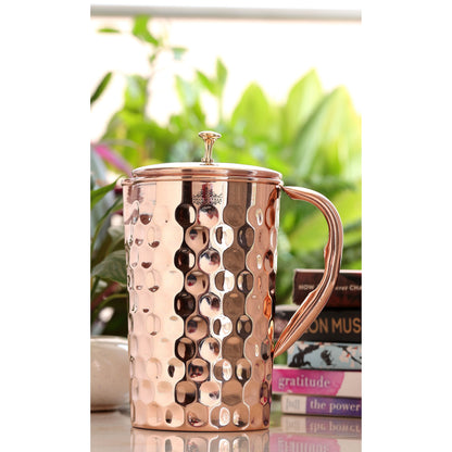 Pure Copper Diamond Hammered Jug With Brass Knob on Lid