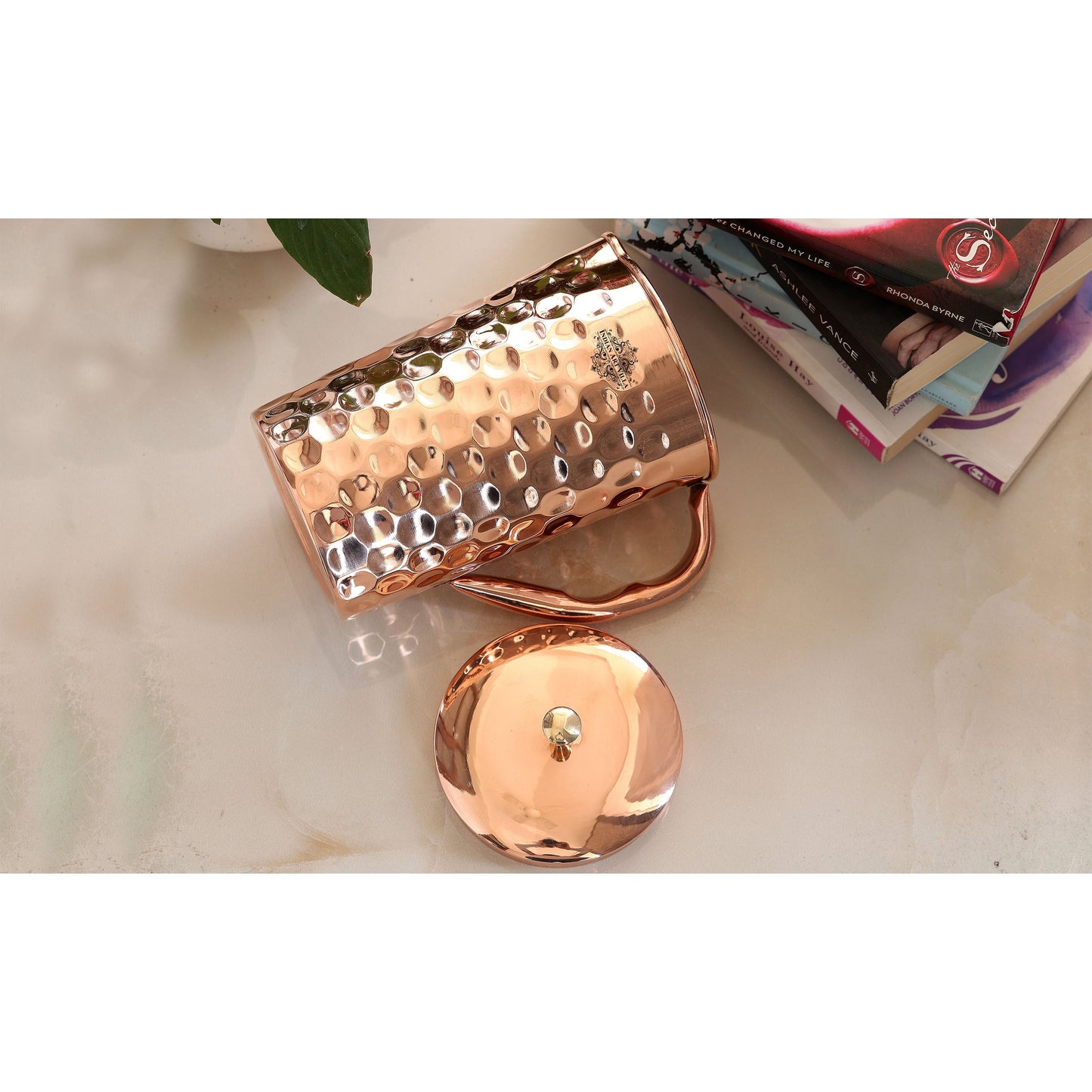 Pure Copper Diamond Hammered Jug With Brass Knob on Lid