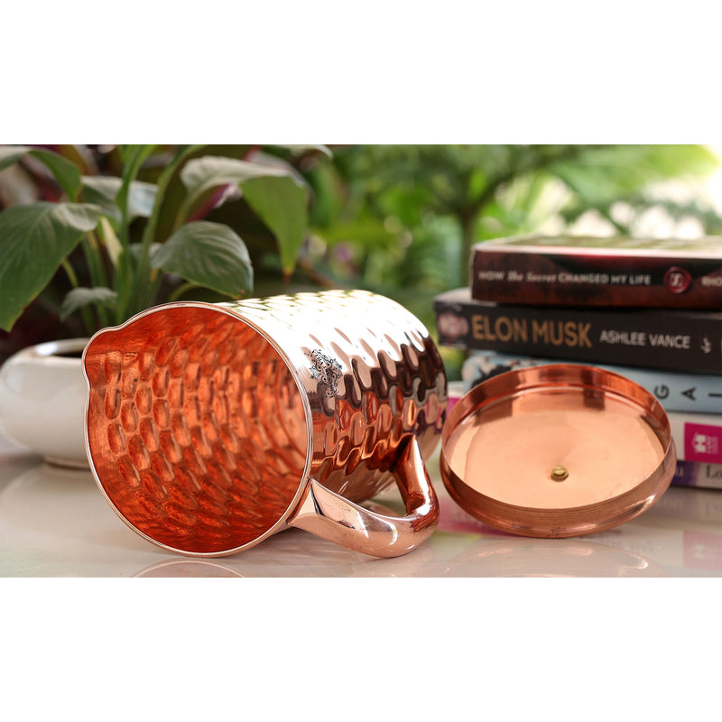 Pure Copper Diamond Hammered Jug With Brass Knob on Lid