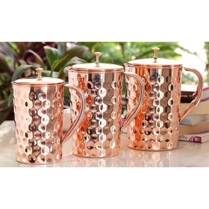 Pure Copper Diamond Hammered Jug With Brass Knob on Lid