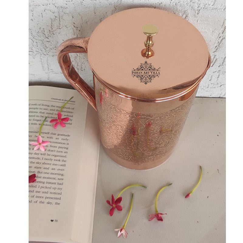 Pure Copper Embossed Jug With Brass Knob on Lid