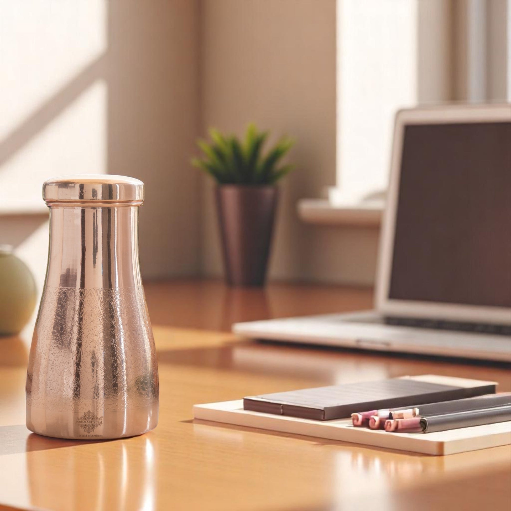 Pure Copper Embossed Bedroom Bottle With Inbuilt Glass