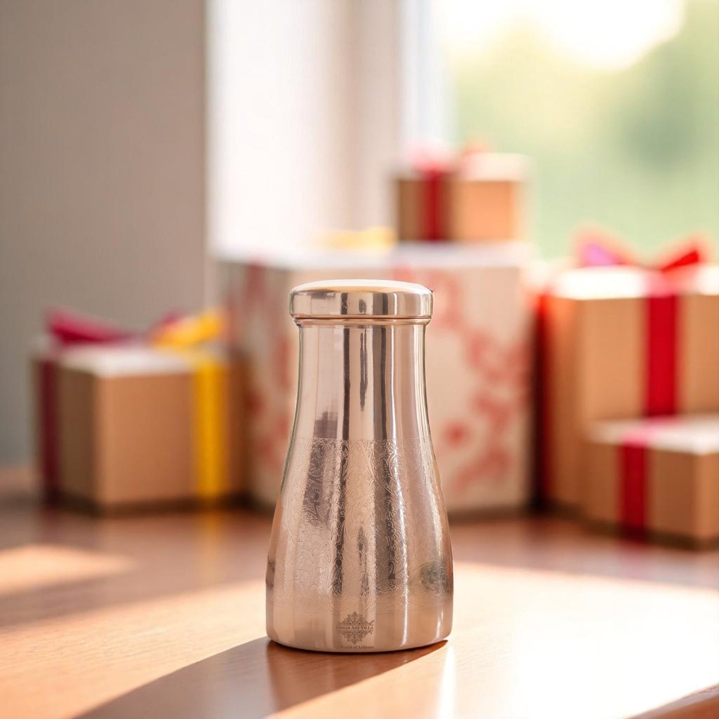 Pure Copper Embossed Bedroom Bottle With Inbuilt Glass