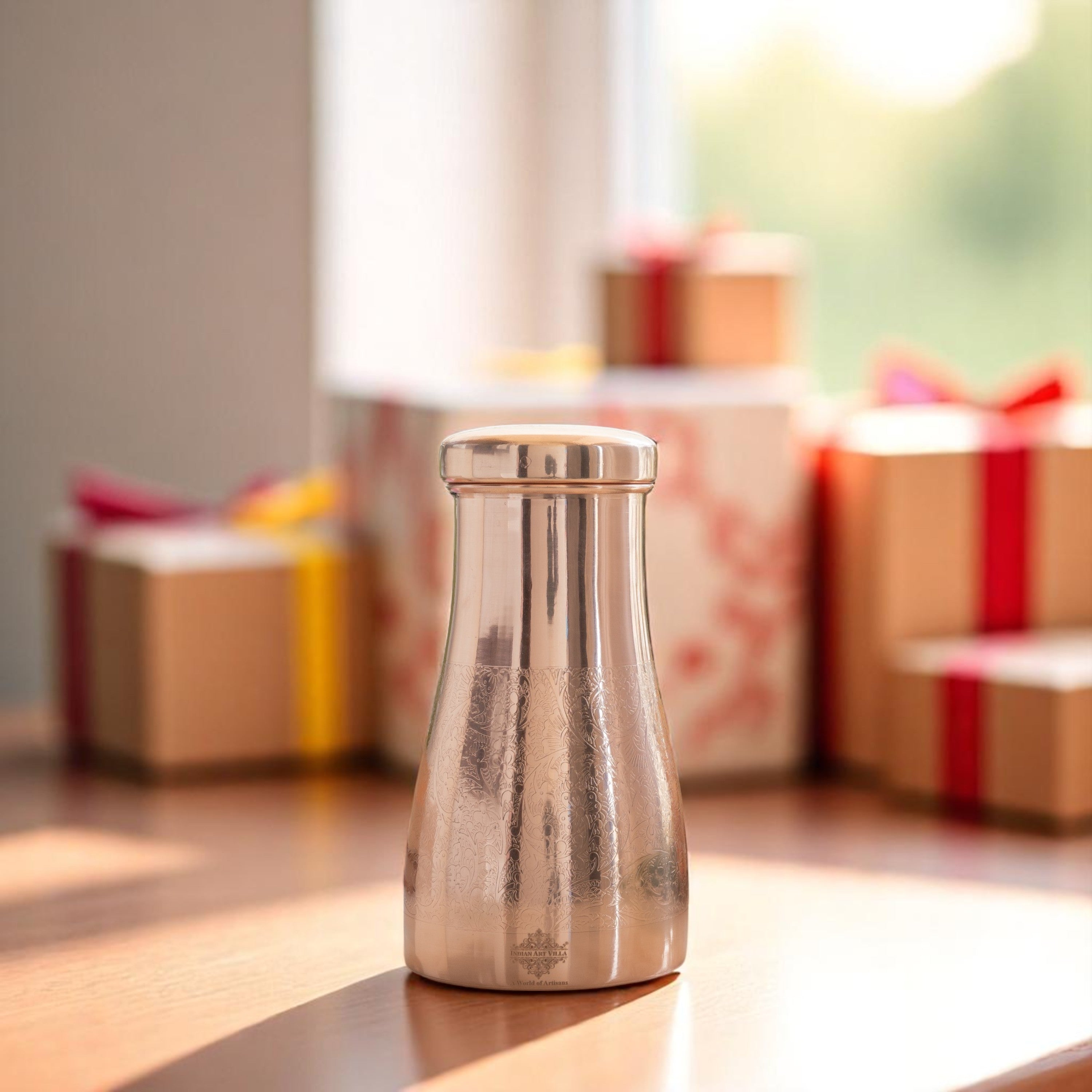 Pure Copper Embossed Bedroom Bottle With Inbuilt Glass