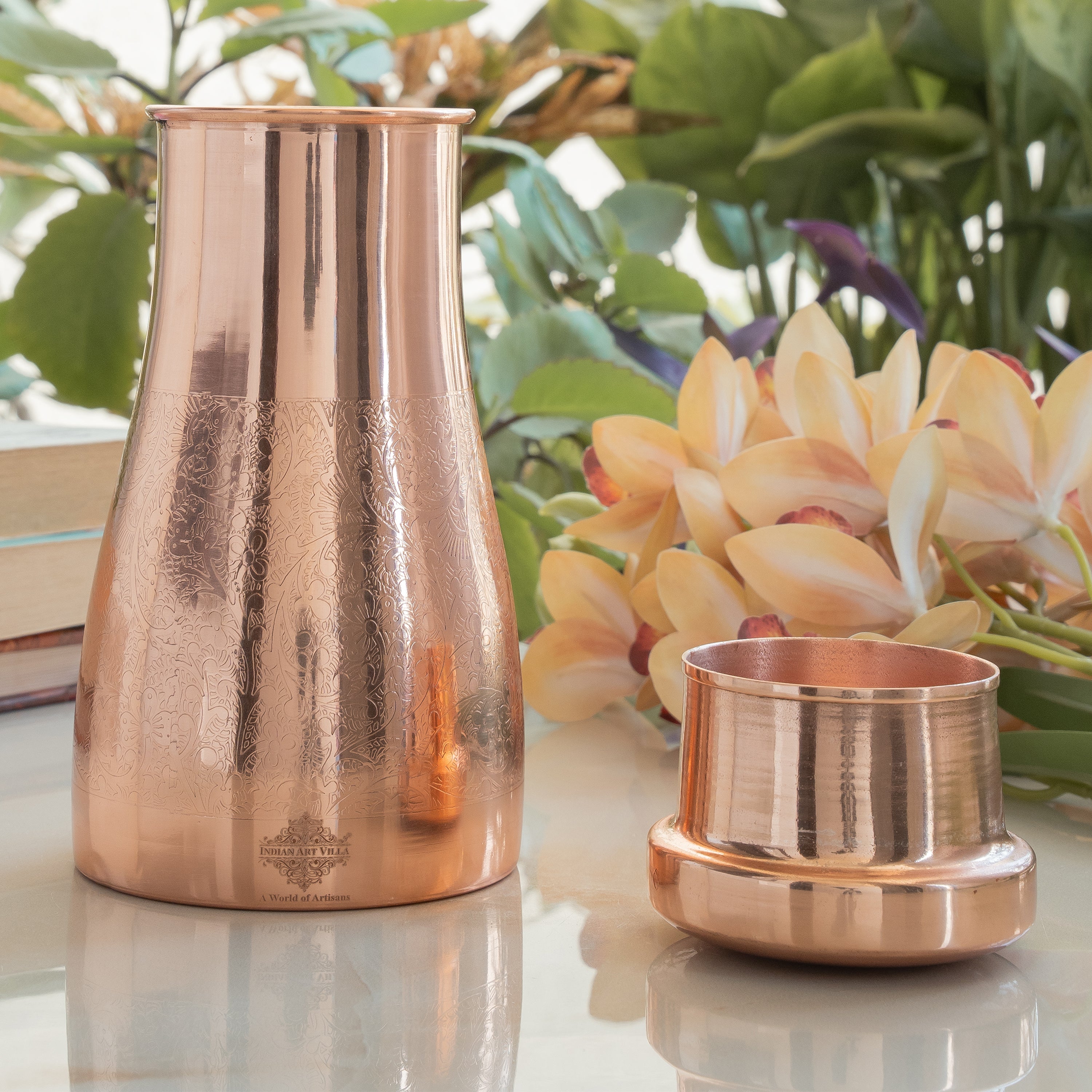 Pure Copper Embossed Bedroom Bottle With Inbuilt Glass
