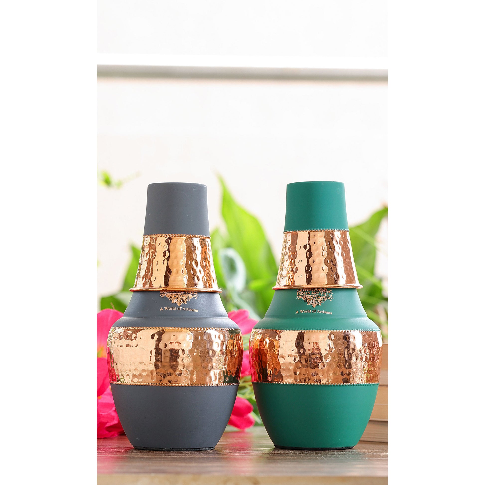 Pure Copper Hammered Silk Finish Design Surahi Shape Bedroom Bottle