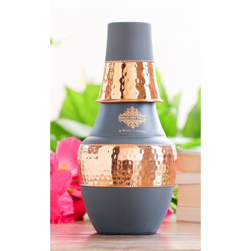 Pure Copper Hammered Silk Finish Design Surahi Shape Bedroom Bottle