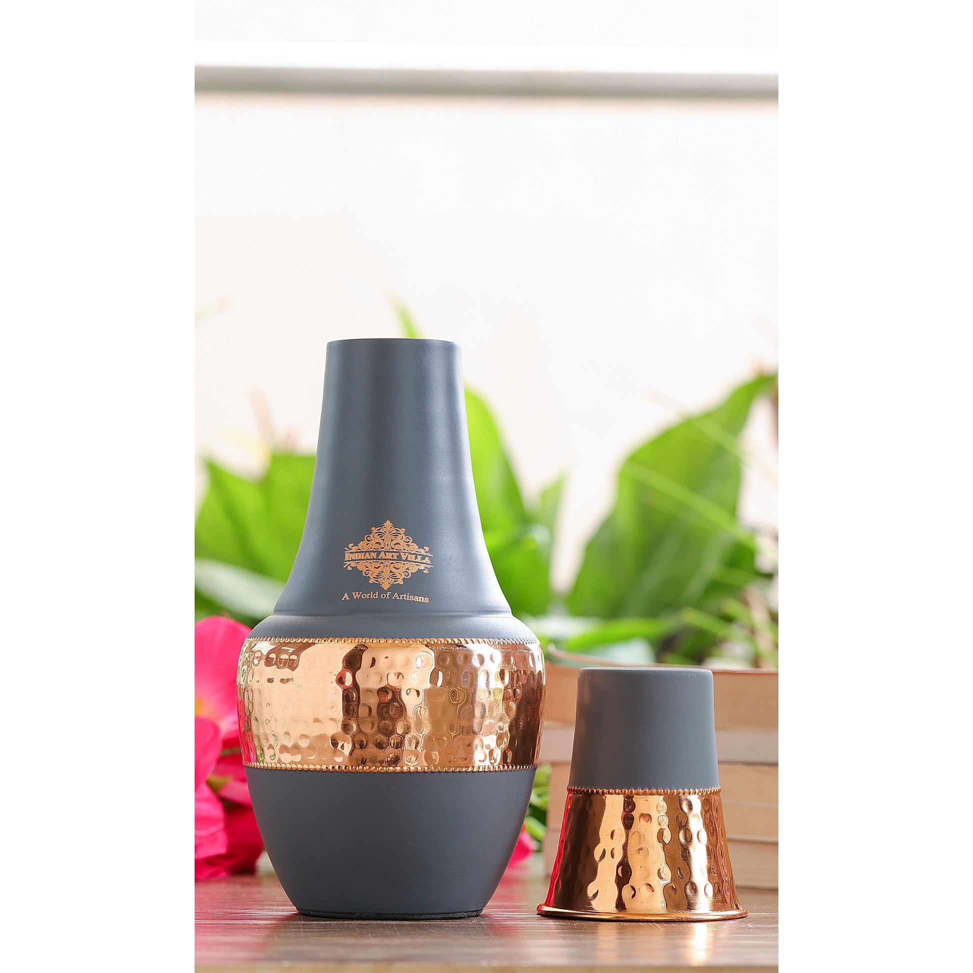Pure Copper Hammered Silk Finish Design Surahi Shape Bedroom Bottle