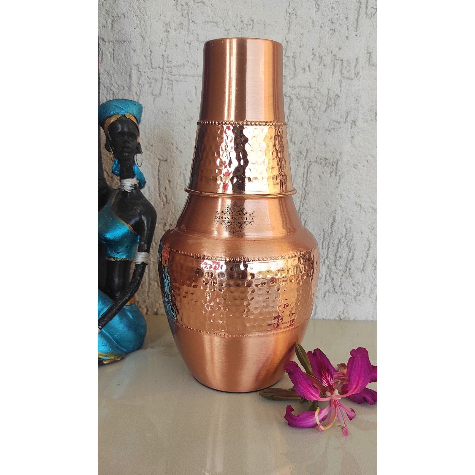 Pure Copper Hammered Silk Finish Design Surahi Shape Bedroom Bottle