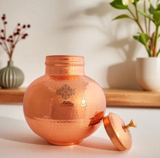 Pure Copper Hammered Design Matka/Pot with Lid & Brass Knob On Top, Drinkware & Storage Purpose,