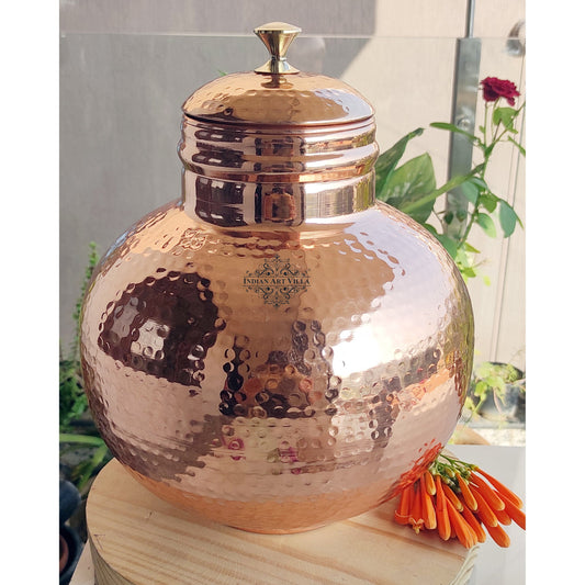 Pure Copper Hammered Design Matka/Pot with Lid & Brass Knob On Top, Drinkware & Storage Purpose,
