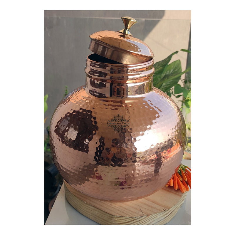 Pure Copper Hammered Design Matka/Pot with Lid & Brass Knob On Top, Drinkware & Storage Purpose,