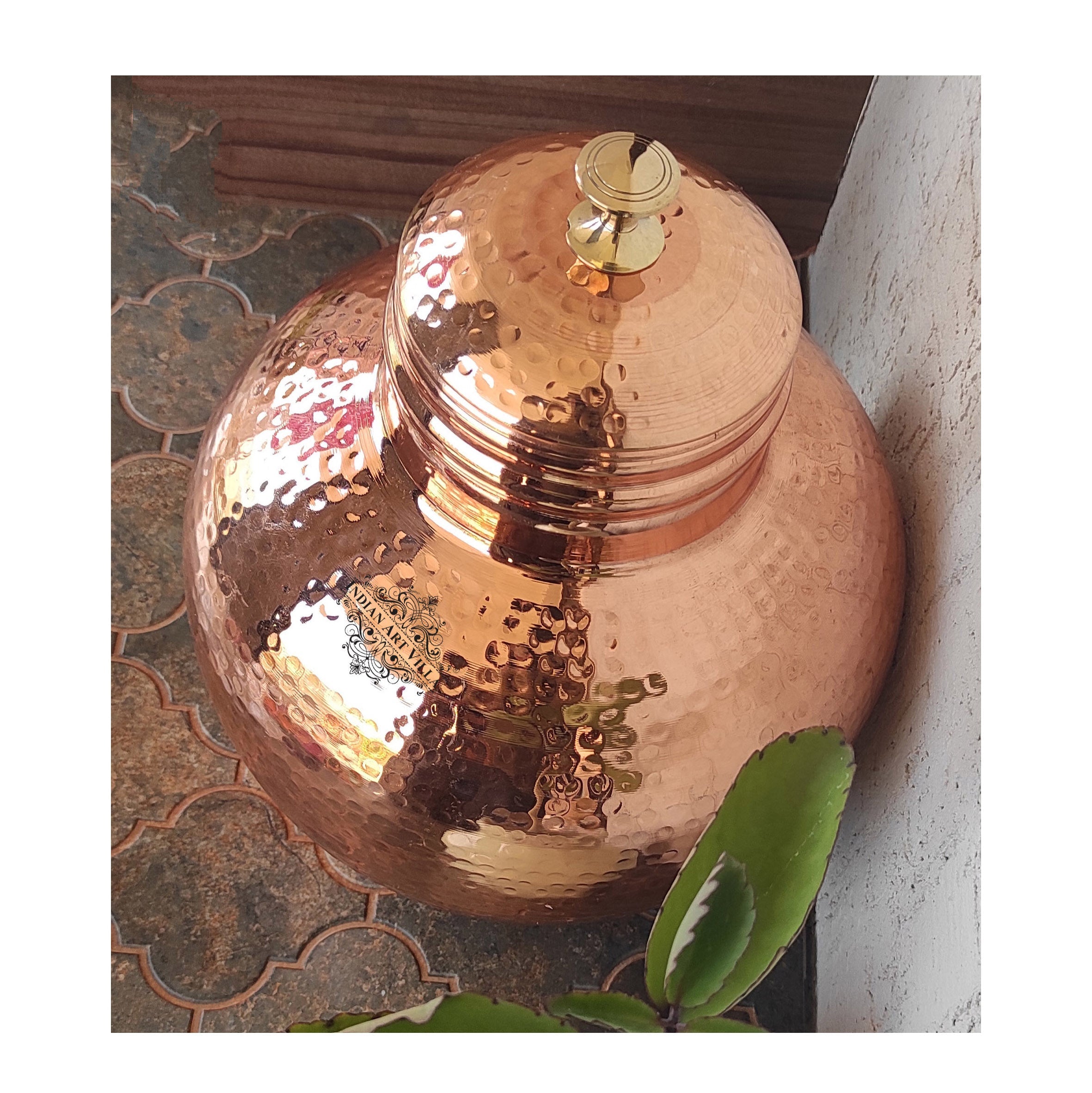 Pure Copper Hammered Design Matka/Pot with Lid & Brass Knob On Top, Drinkware & Storage Purpose,
