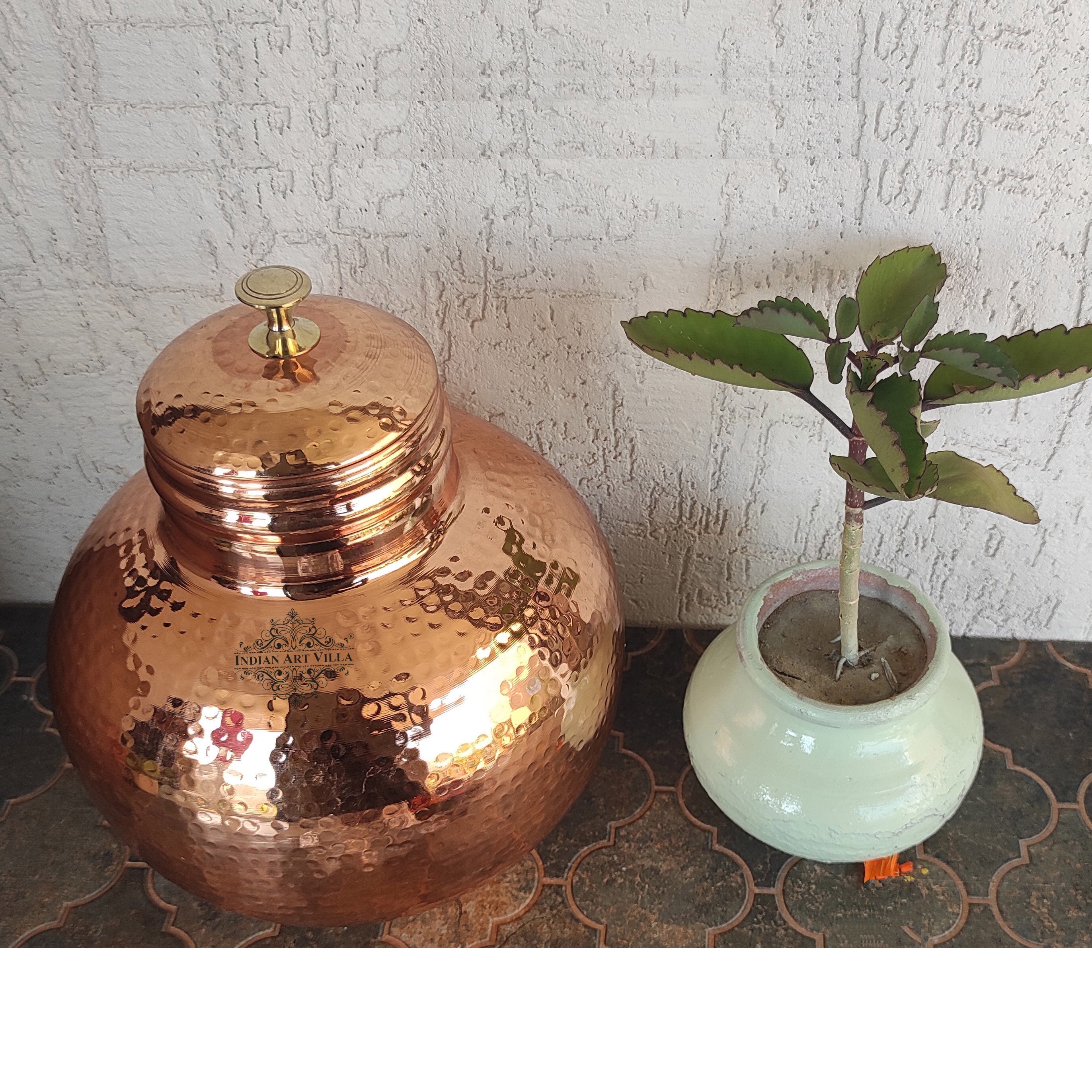 Pure Copper Hammered Design Matka/Pot with Lid & Brass Knob On Top, Drinkware & Storage Purpose,