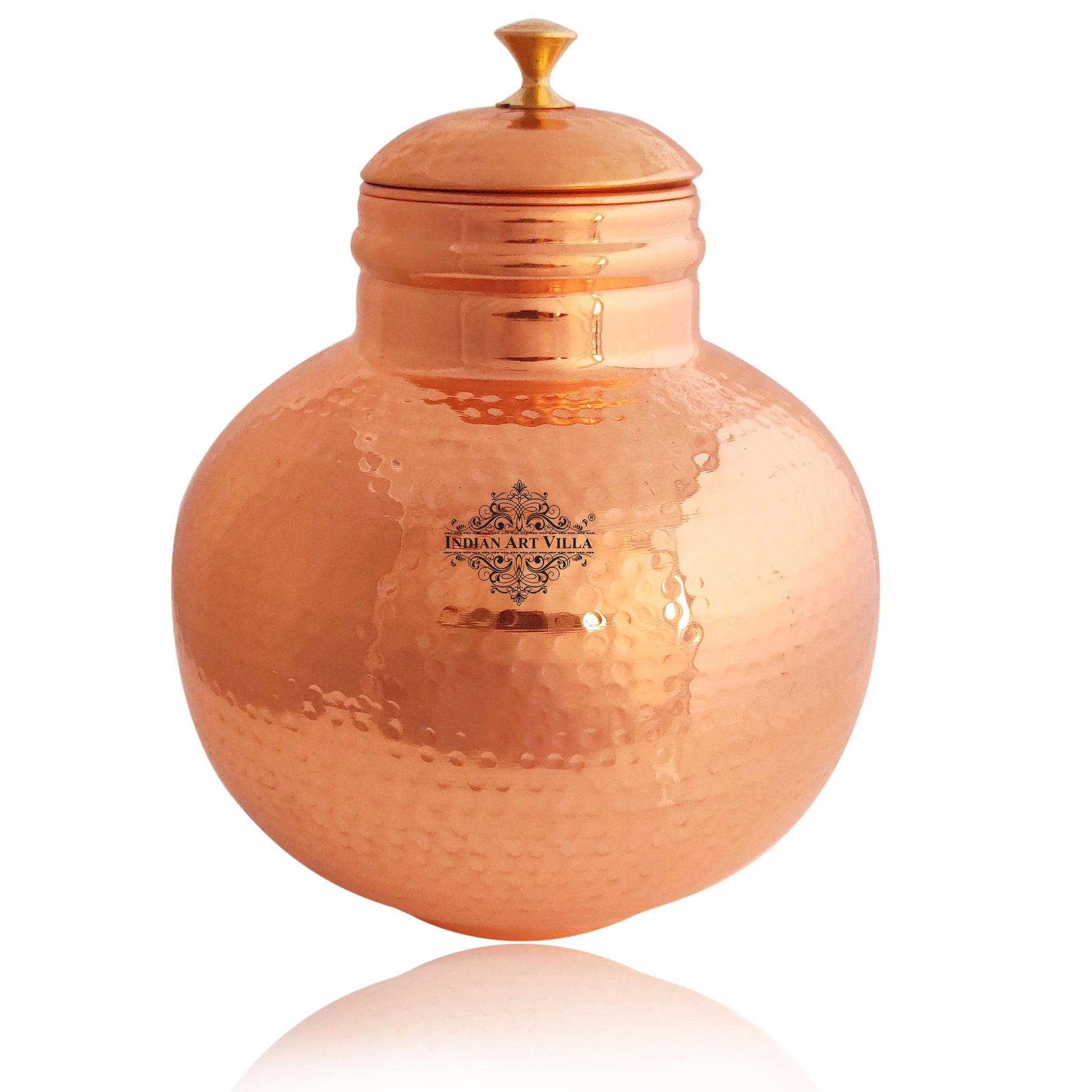 Pure Copper Hammered Design Matka/Pot with Lid & Brass Knob On Top, Drinkware & Storage Purpose,