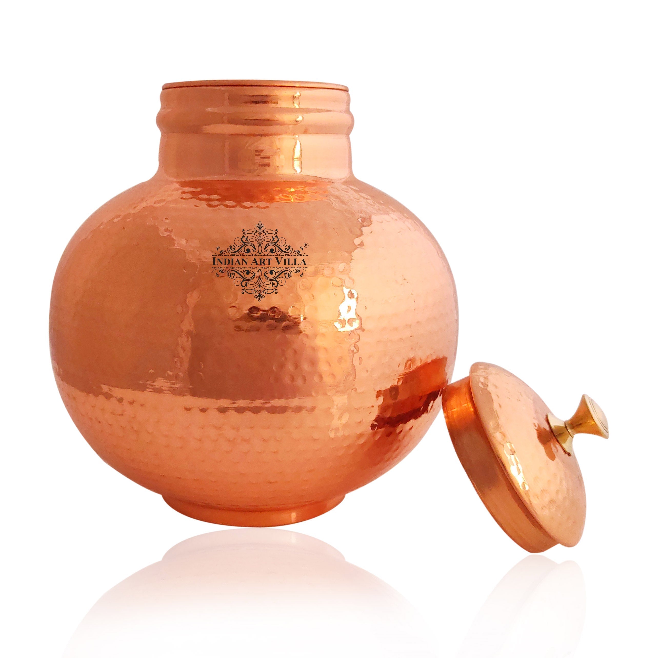 Pure Copper Hammered Design Matka/Pot with Lid & Brass Knob On Top, Drinkware & Storage Purpose,