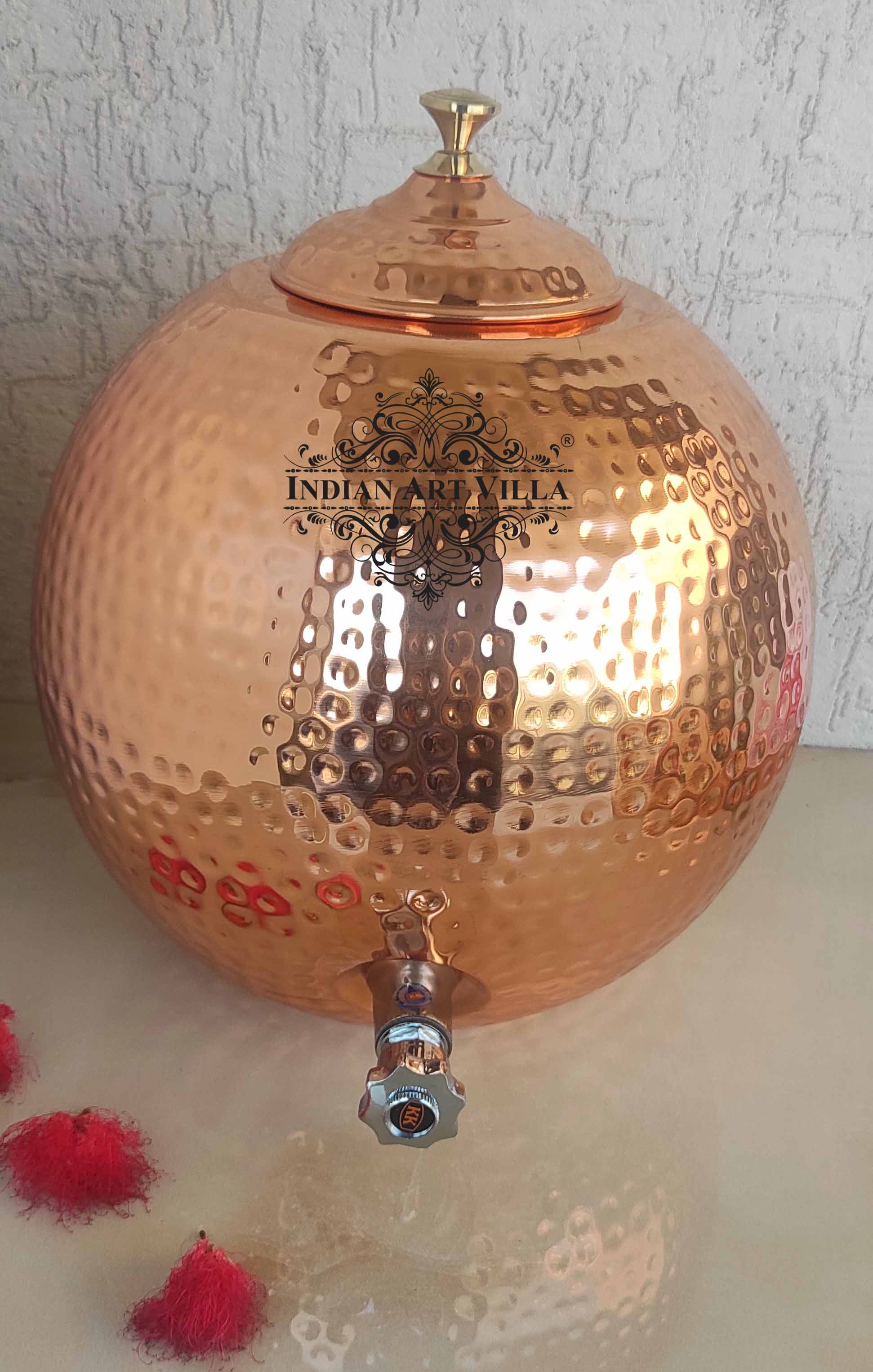Pure Copper Hammered Matka with Lid, Brass Tap & Knob  12Ltr