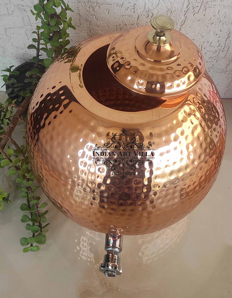 Pure Copper Hammered Matka with Lid, Brass Tap & Knob  12Ltr