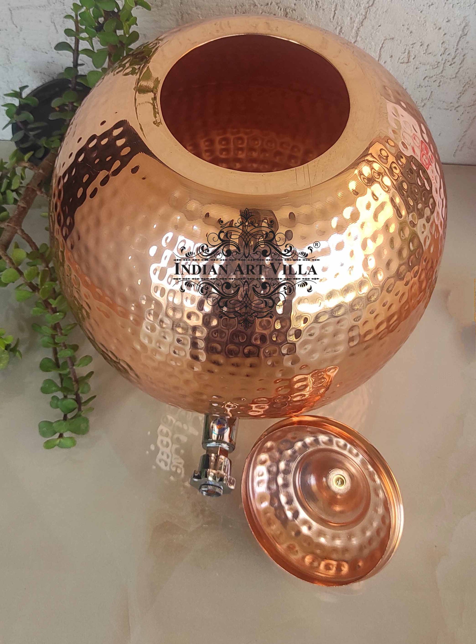 Pure Copper Hammered Matka with Lid, Brass Tap & Knob  12Ltr