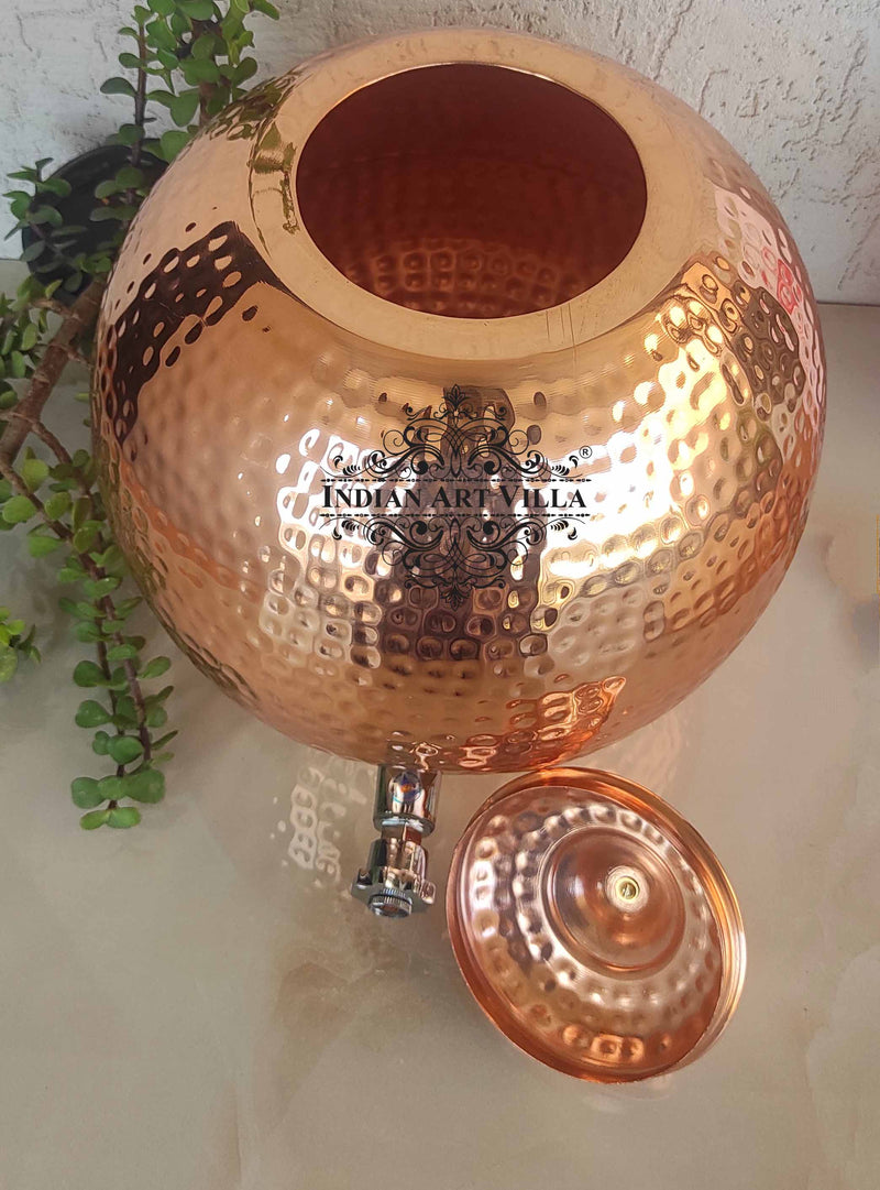Pure Copper Hammered Matka with Lid, Brass Tap & Knob  12Ltr