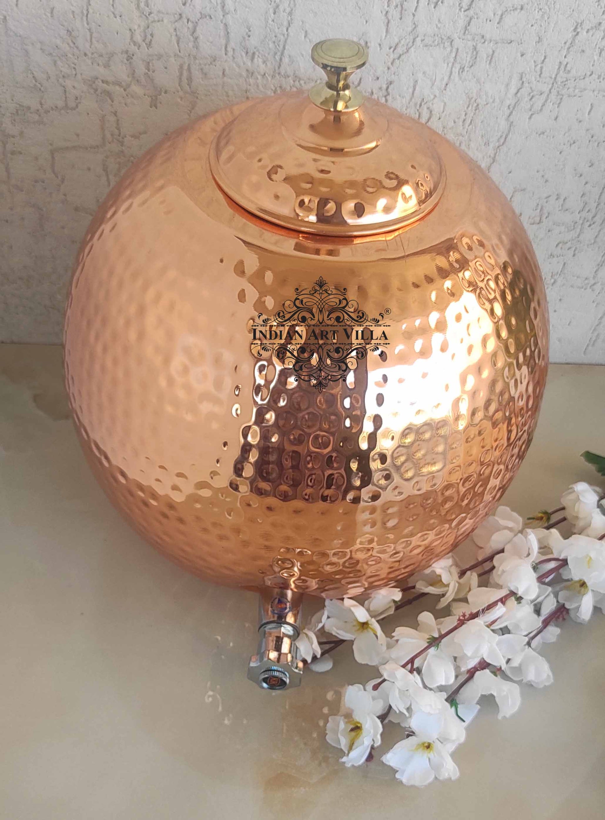 Pure Copper Hammered Matka with Lid, Brass Tap & Knob  12Ltr
