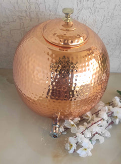 Pure Copper Hammered Matka with Lid, Brass Tap & Knob  12Ltr