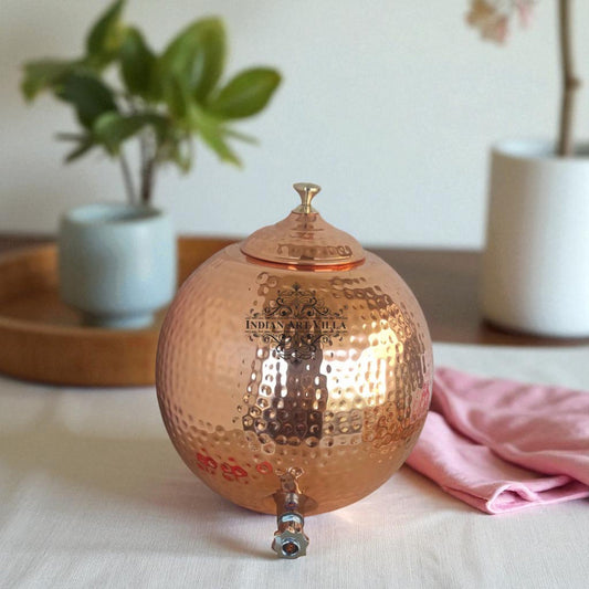 Pure Copper Hammered Matka with Lid, Brass Tap & Knob  12Ltr
