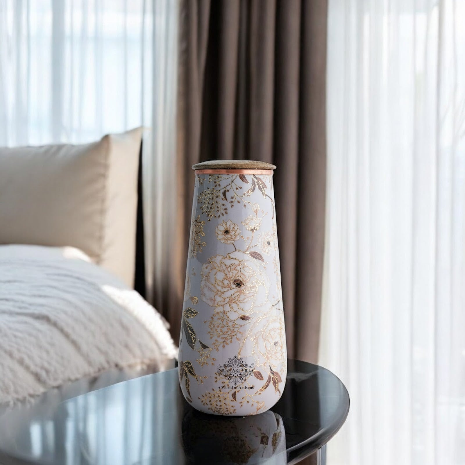 Pure Copper Bedroom Bottle with Golden Print Design 1500 ML